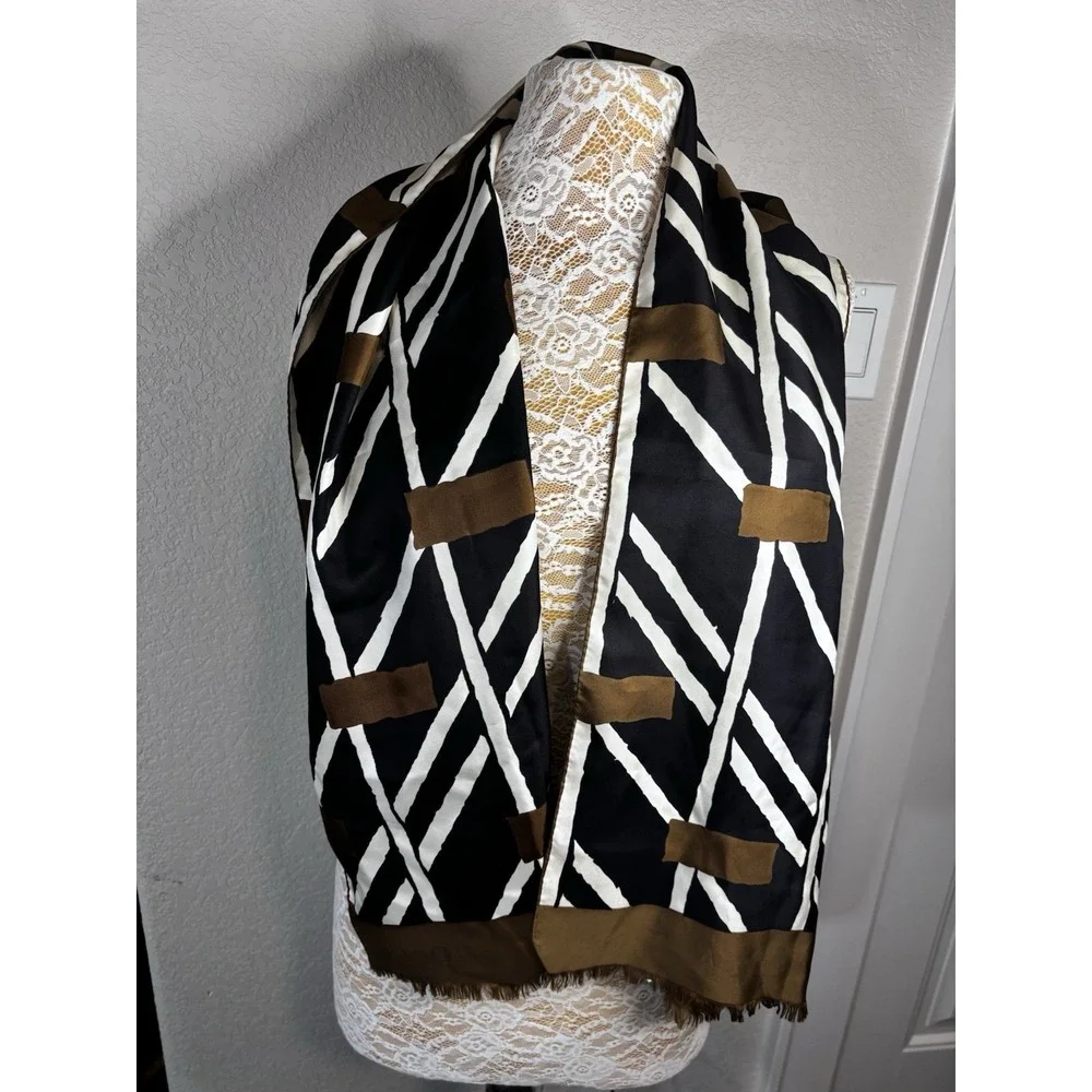 Vintage  70-80's 100% Silk Scarf Made In France Doro‎ Brown Black White  15